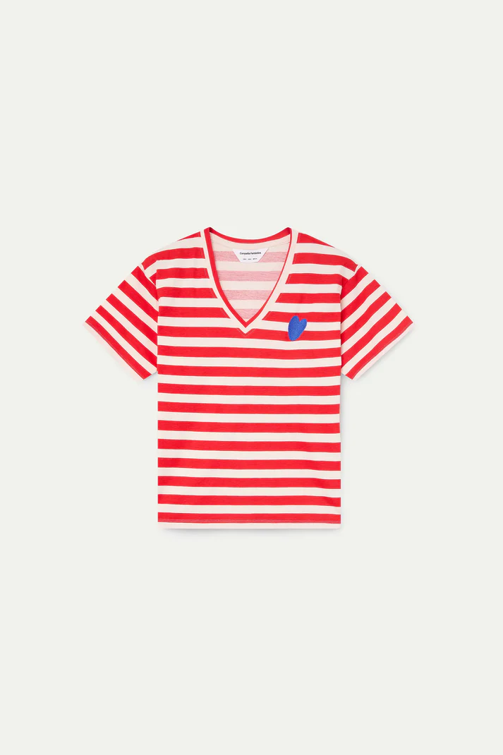 Camiseta con estampado de rayas rojas con bordado de corazón - Imagen 3