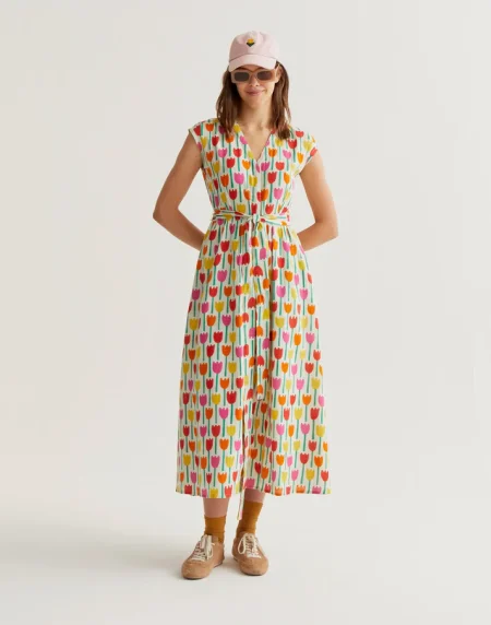 Vestido largo con estampado de tulipanes