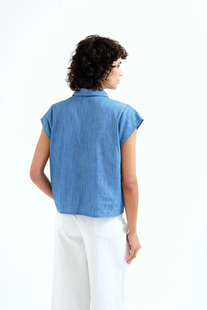 Camisa 100% algodón chambray azul claro manga corta - Imagen 6