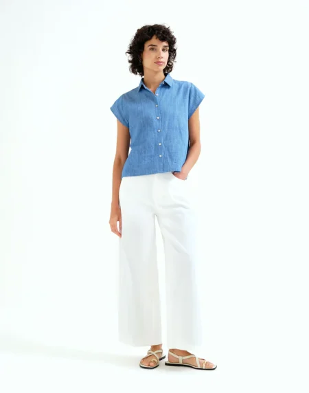 Camisa 100% algodón chambray azul claro manga corta