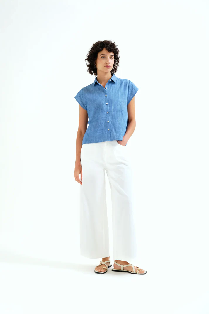 Camisa 100% algodón chambray azul claro manga corta