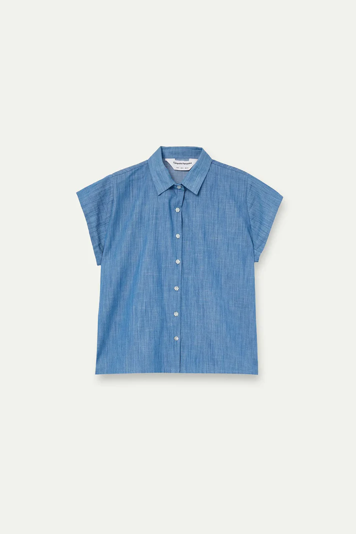 Camisa 100% algodón chambray azul claro manga corta - Imagen 3