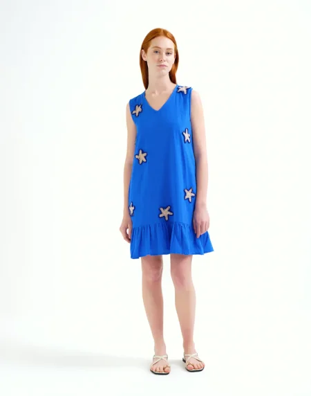 Vestido corto 100% algodón azul marino con apliques de estrellas