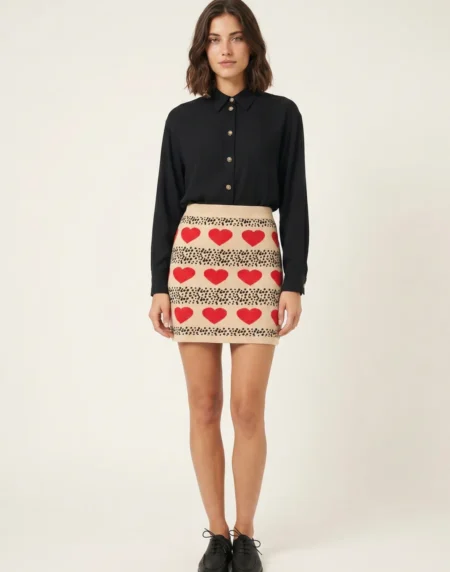 FALDA MINI DE PUNTO CORAZONES CREMA