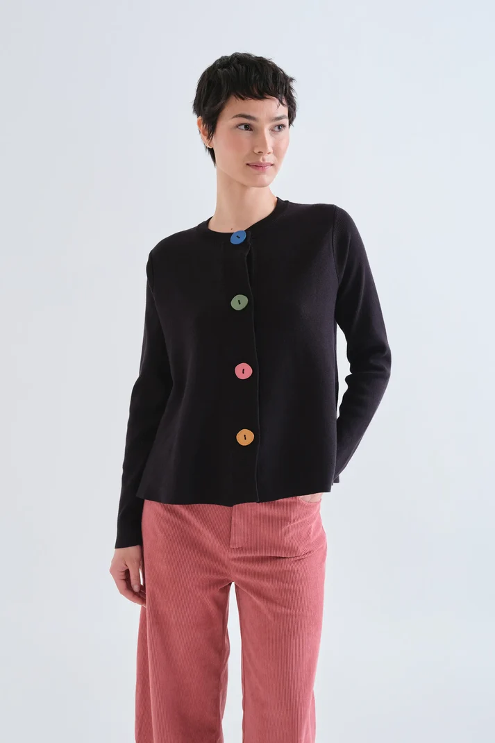 Cárdigan negro con botones grandes multicolor