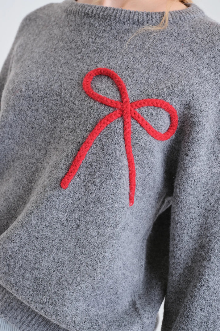 Jersey punto gris con detalle de lazo rojo - Imagen 2