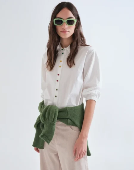 Camisa 100% algodón blanca con botones joyas multicolor