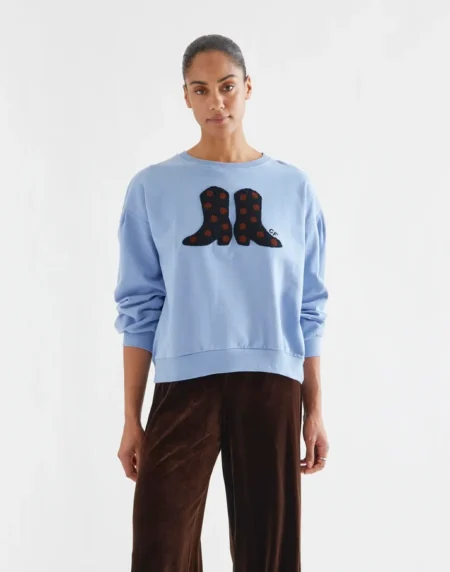 Sudadera 100% algodón azul claro con bordado de botas cowboy