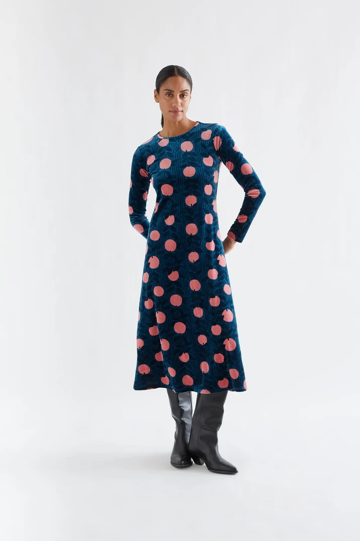 Vestido midi de terciopelo con estampado Lychee