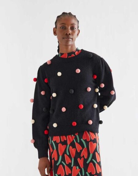 Jersey punto negro con pompones multicolor