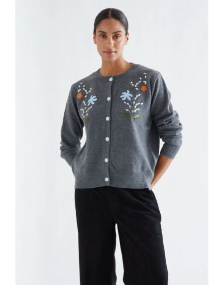 Cardigan mezcla lana gris con bordado floral
